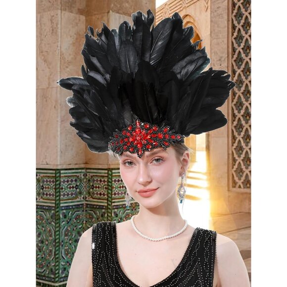 Women's Feather Headpiece Handmade Rhinestones Headband for Costume - Picture 4 of 8